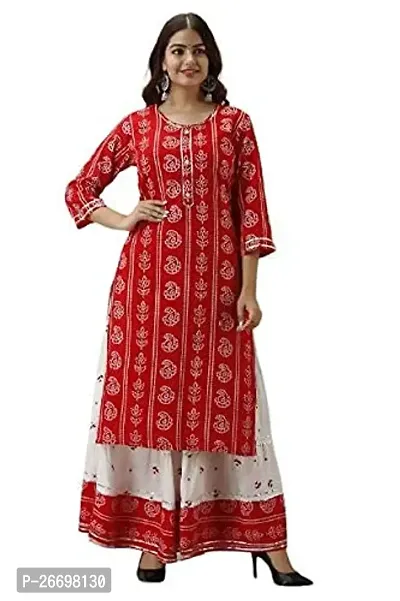 Women's Printed Rayon Skirt Kurta Set (Color_Red, Size_Medium)-thumb0