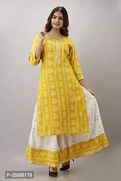 Women's Printed Rayon Skirt Kurta Set (Color_Yellow, Size_Medium)-thumb3