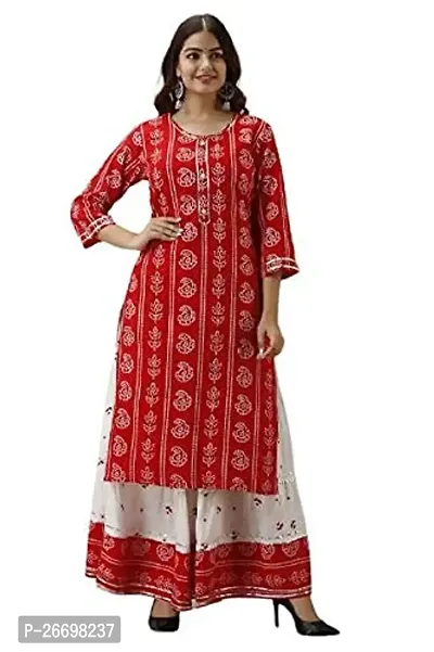 Women's Printed Rayon Skirt Kurta Set (Color_Red, Size_Large)