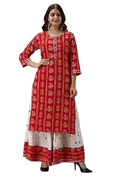 Women's Rayon Skirt Kurta Set (Color_Red, Size_Medium)