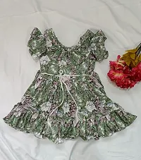 Agape Sales Baby Girls Frock Knee Length Floral Design with Ribbon Detail Casual Comfortable Dailywear Dress Green-thumb1