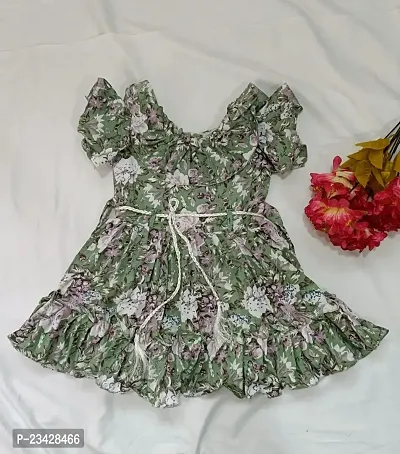 Agape Sales Baby Girls Frock Knee Length Floral Design with Ribbon Detail Casual Comfortable Dailywear Dress Green-thumb2