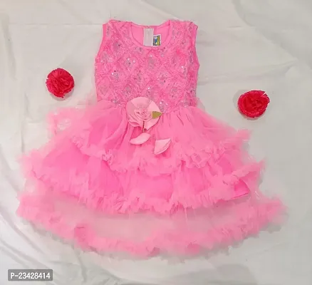 Agape Sales Baby Girls Frock A-Line Frill Design Knee Length with Satin-Soft Net Sleeveless Flair Festive Birthday Collection Pink-thumb5