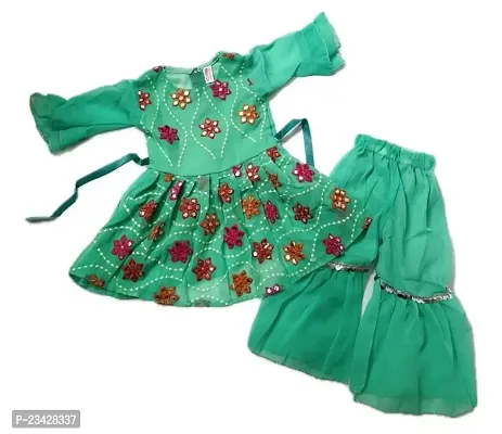 Agape Sales Girls Co-ord Set | Sharara Set | 3/4th Sleeves | Embroidery | Perfect for Festivals, Diwali Dress for 1-2 Year Baby Girls (Green)-thumb0