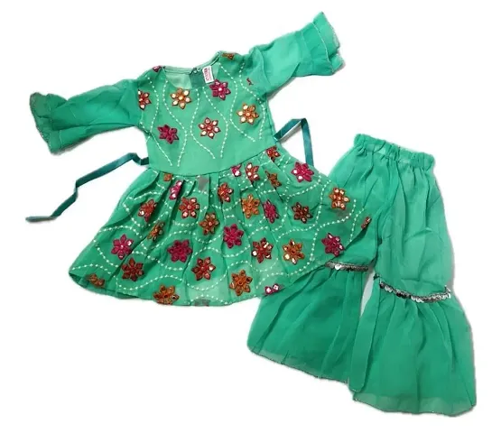 Agape Sales Girls Co-ord Set | Sharara Set | 3/4th Sleeves | Embroidery | Perfect for Festivals, Diwali Dress for 1-2 Year Baby Girls (Green)