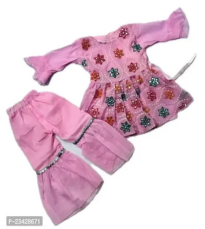 Agape Sales Girls Co-ord Set | Sharara Set | 3/4th Sleeves | Embroidery | Perfect for Festivals, Diwali Dress for 1-2 Year Baby Girls (Pink)