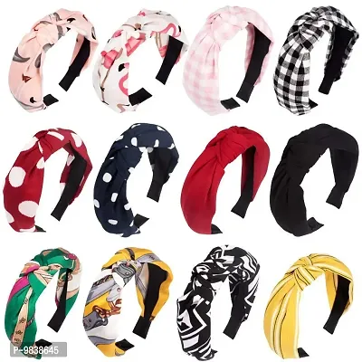 VINKAL STORE (Set of 12 Pcs) Multicolor Solid Fabric Pattern Korean Style Fabric Knotted with Tape Plastic Hair Band/head Band for Women's and Girl's-thumb3