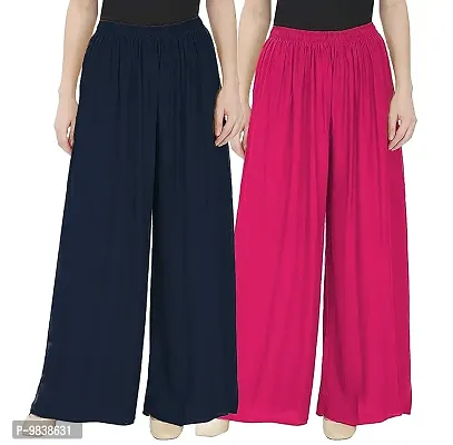 V T VINKAL Store Women's Rayon Solid Soft Palazzo Pants for(24 to 36) Waist Size-(Navy Blue-Pink)