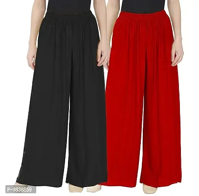 VINKAL STORE Girls Palazzo Solid Soft Rayon Plain Design with Elastic & Knote in Free Size - 26 Inch's to 38 Inch's / 12 inch Flair (Pack of 2) (Black-red)