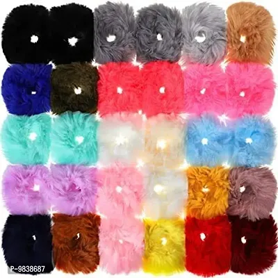 VINKAL STORE Fur Elastic Fluffy Faux Rope Furry Ring Band Hair Scrunchie Hair Ties Ponytail Holder for Girls (Multicolour) -24 Pieces-thumb0