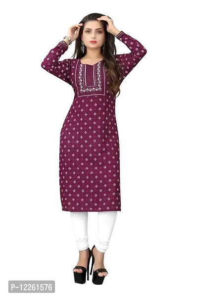 LADKU Women's Embroidered with Mirraw Work Rayon Straight Kurti for Women Wine-thumb0