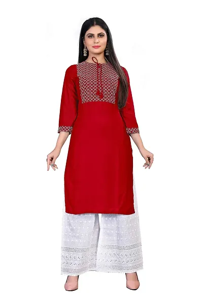 Stylish Rayon Straight Embroidery Kurtis With Palazzo Set