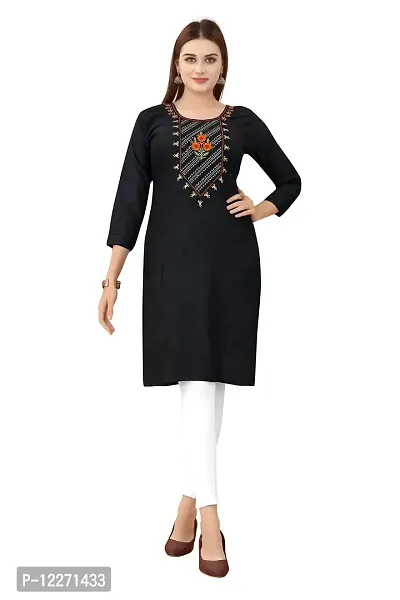 LADKU Women's Embroidered Rayon Straight Kurti for Women Black-thumb0