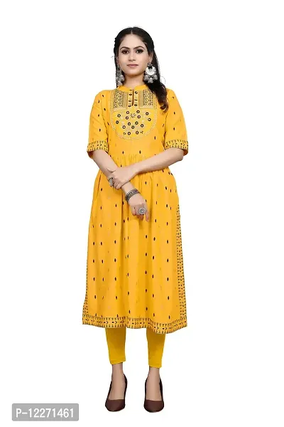 LADKU Women's Rayon Zari Butti Embroidery Flared Collar Kurti for Women's Long Kurti for Women Womens Kurti Yellow