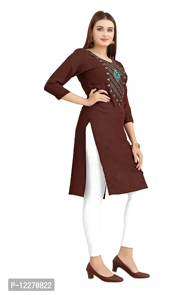 LADKU Women's Embroidered Rayon Straight Kurti for Women Brown-thumb3