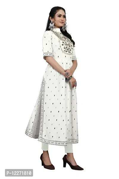 LADKU Women's Rayon Zari Butti Embroidery Flared Collar Kurti for Women's Long Kurti for Women Womens Kurti White-thumb3