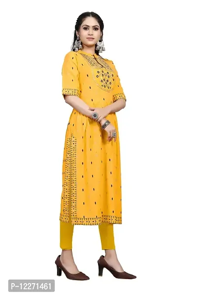 LADKU Women's Rayon Zari Butti Embroidery Flared Collar Kurti for Women's Long Kurti for Women Womens Kurti Yellow-thumb4