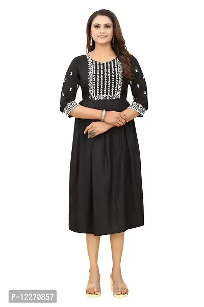 LADKU Women's Embroidered Rayon Straight Kurti Black-thumb0