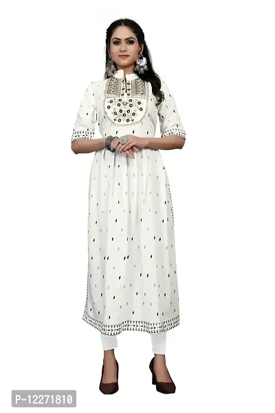 LADKU Women's Rayon Zari Butti Embroidery Flared Collar Kurti for Women's Long Kurti for Women Womens Kurti White-thumb0