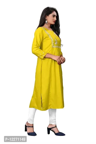 LADKU Women's Rayon Embroidered Work Latest Anarkali Designed Kurti Comfy Wear for Casual Function Kurti for Women Yellow-thumb3