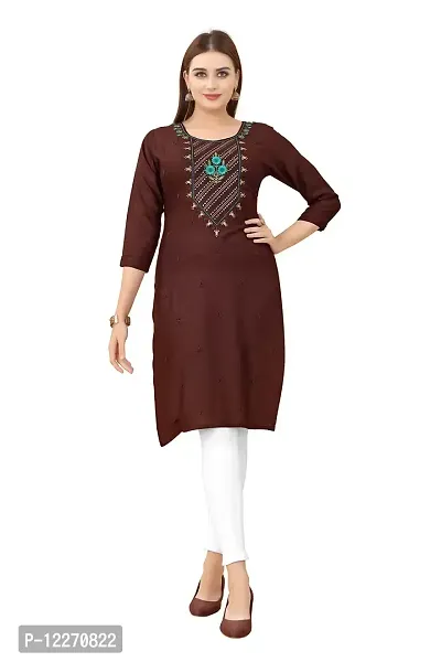 LADKU Women's Embroidered Rayon Straight Kurti for Women Brown-thumb0