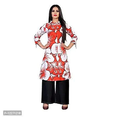 LADKU Women's Cotton Flower Printed Shirt Style A-line Kurta with White Plazzo Kurti for Women-thumb0