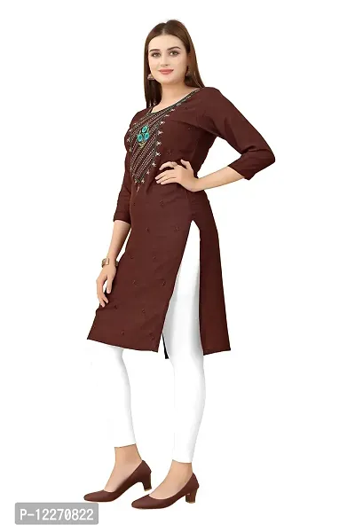 LADKU Women's Embroidered Rayon Straight Kurti for Women Brown-thumb4