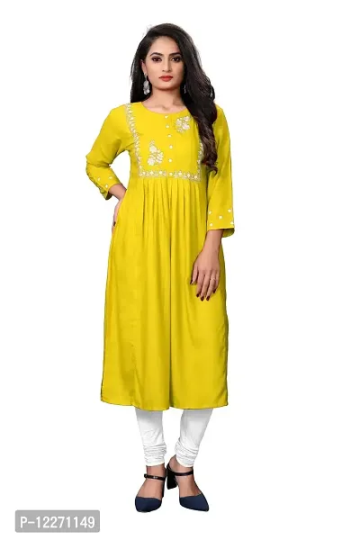 LADKU Women's Rayon Embroidered Work Latest Anarkali Designed Kurti Comfy Wear for Casual Function Kurti for Women Yellow-thumb0