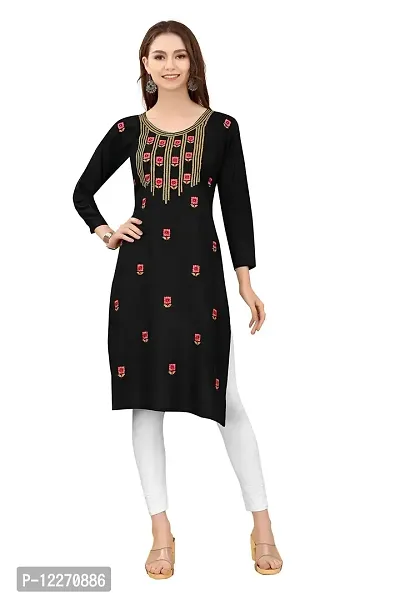 LADKU Women's Embroidered Rayon Straight Kurti for Women Black