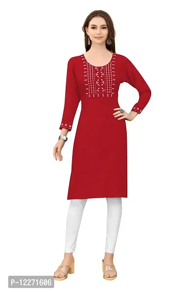 LADKU Womens Viscose Rayon Mirror Work Straight Casual Kurti, Kurti for Women, Mirror Work Kurti, Kurti Red-thumb0