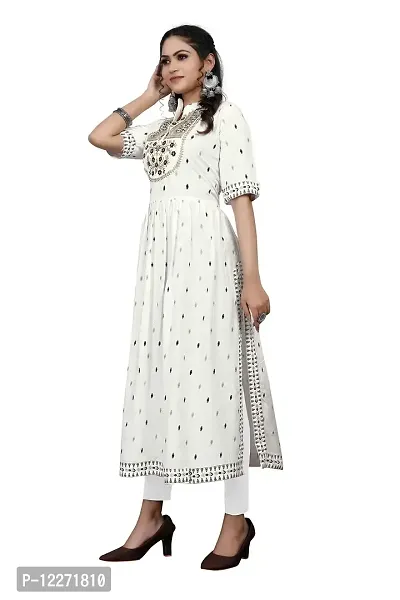 LADKU Women's Rayon Zari Butti Embroidery Flared Collar Kurti for Women's Long Kurti for Women Womens Kurti White-thumb4