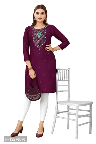 LADKU Women's Embroidered Rayon Straight Kurti for Women Wine-thumb0