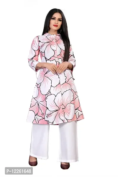 LADKU Women's Cotton Flower Printed Shirt Style A-line Kurta with White Plazzo Kurti for Women-thumb0