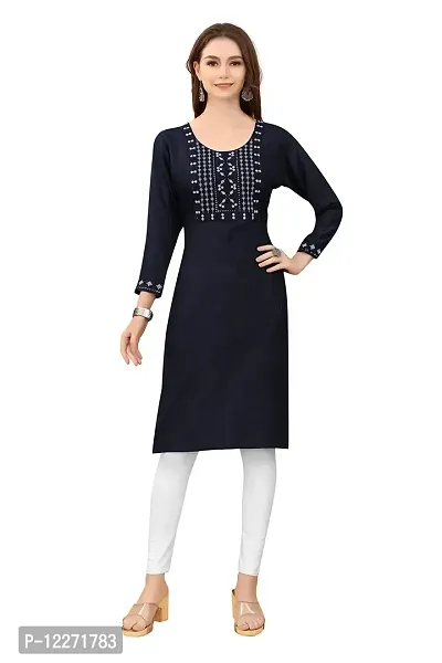 LADKU Womens Viscose Rayon Mirror Work Straight Casual Kurti, Kurti for Women, Mirror Work Kurti, Kurti Black-thumb0