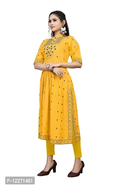 LADKU Women's Rayon Zari Butti Embroidery Flared Collar Kurti for Women's Long Kurti for Women Womens Kurti Yellow-thumb3