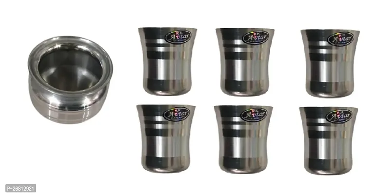 Silver Cylindrical Stainless Steel 1 Jug And 6 Glass Pack Of 7-thumb0