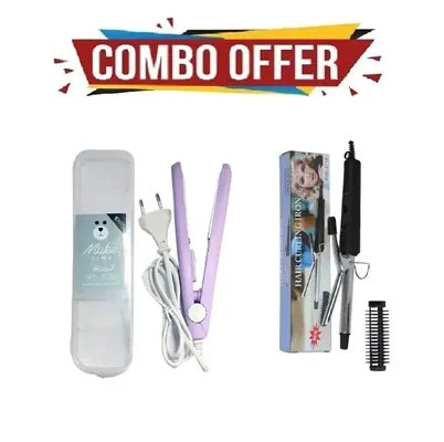Mini Size Hair Styling Combo Kit of Hair Straightener, and Hair Curler - (Pink, White)