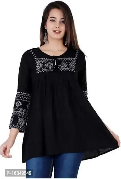 Women's Rayon Embroidered Casual Top (Black_XL)