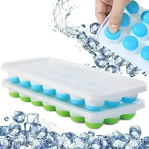 Atipriya 2pc 21 Cavity Pop Up Ice Cube Trays with Lid for Freezer with Easy Release Flexible Silicone Bottom, Stackable, 100% BPA Free, Food Grade (Green/Blue)