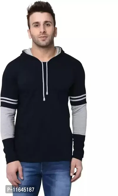 New Stylish Men Navyblue Solid Full Sleeves Hooded Tshirt-thumb0