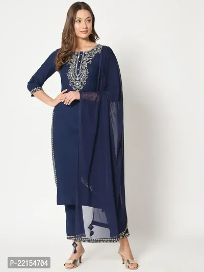 Straight Navy Blue Embroidered Rayon Kurta-thumb0