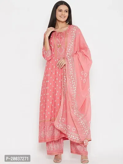 Anarkali Peach  Rayon Kurta, Bottom and Dupatta Set-thumb0