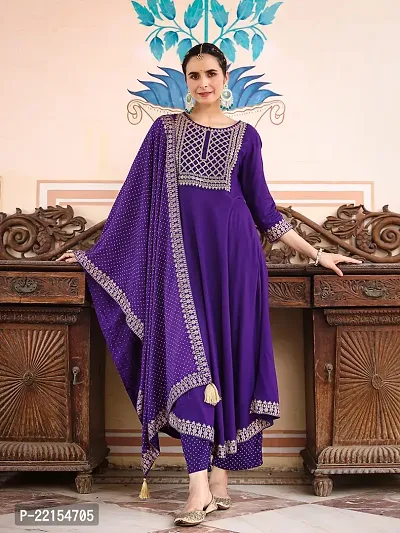 Anarkali Purple Embroidered Rayon Kurta-thumb0