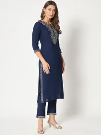 Straight Navy Blue Embroidered Rayon Kurta-thumb3