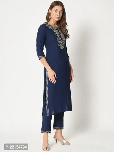 Straight Navy Blue Embroidered Rayon Kurta-thumb4