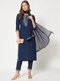 Straight Navy Blue Embroidered Rayon Kurta-thumb2