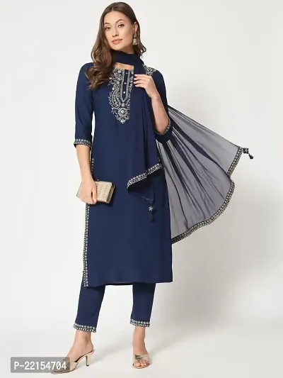 Straight Navy Blue Embroidered Rayon Kurta-thumb3