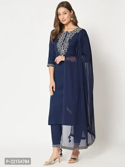 Straight Navy Blue Embroidered Rayon Kurta-thumb2