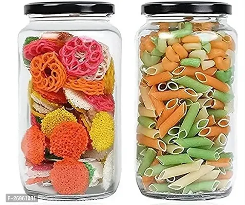 1000ml Round jar,Glass jar for Kitchen,Ideal for jam,Pickle, Dry Fruit,Beans etc,amrutam jar(Black lid, Pack of 2)-thumb0