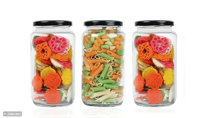 1000ml Round jar,Glass jar for Kitchen,Ideal for jam,Pickle, Dry Fruit,Beans etc,amrutam jar(Black lid, Pack of 3)